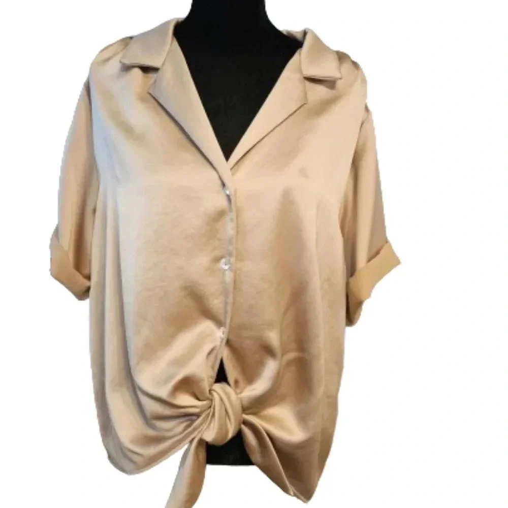 Karen Kane Satin-like Blouse with tie-front and button-up NWT